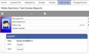 This is an image of the Test Scores tab of the Aeries Parent Portal